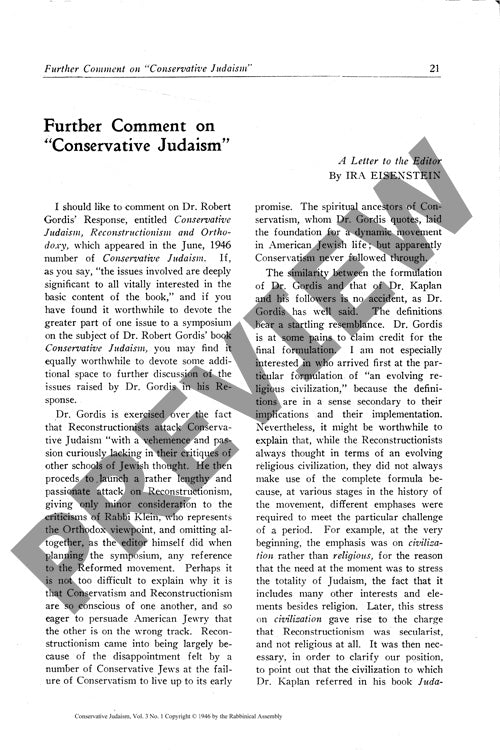 Further Comment on Conservative Judaism
