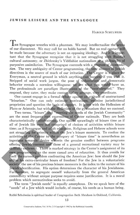 Jewish Leisure and the Synagogue