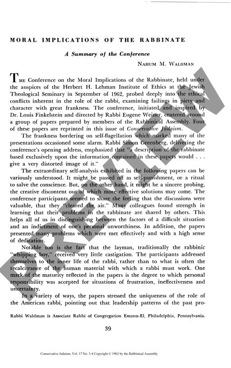 Moral Implications of the Rabbinate a Su