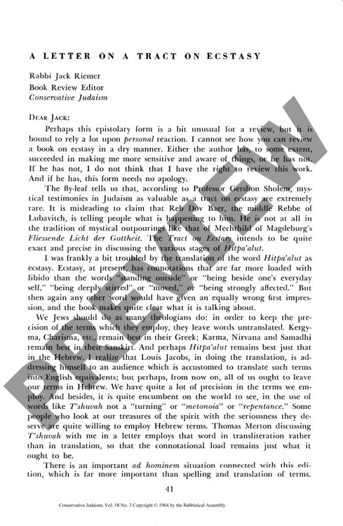 A Letter on a Tract on Ecstacy