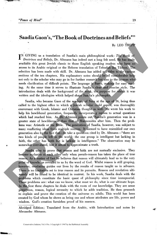 Saadia Gaonsthe Book of Doctrines and Be
