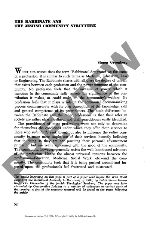 The Rabbinate and the Jewish Community S