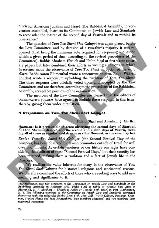 A Responsum on Yom Tov Sheni Shel Galuyo