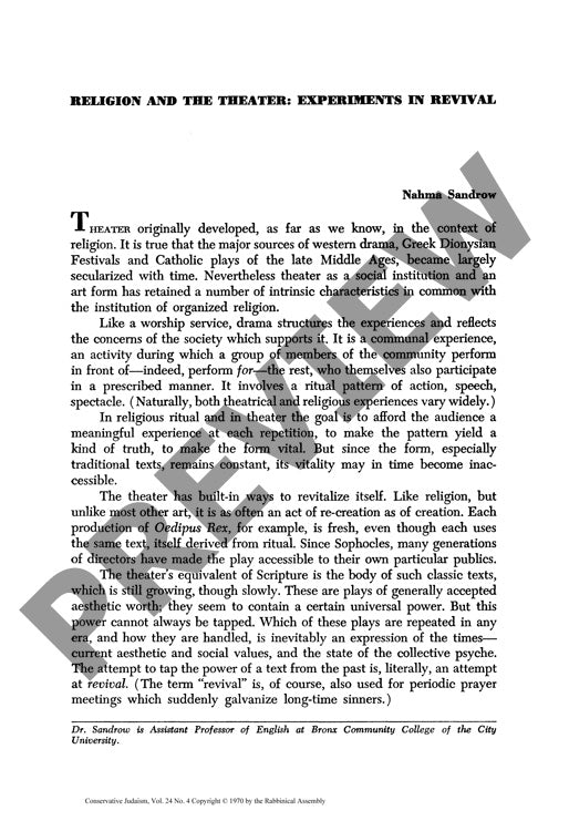 Religion and the Theater Experiments In