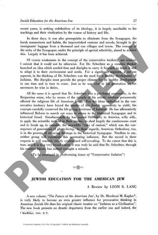 Jewish Education for the American Jew A