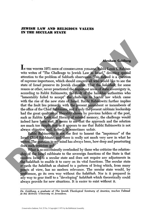 Jewish Law and Religious Values in the S