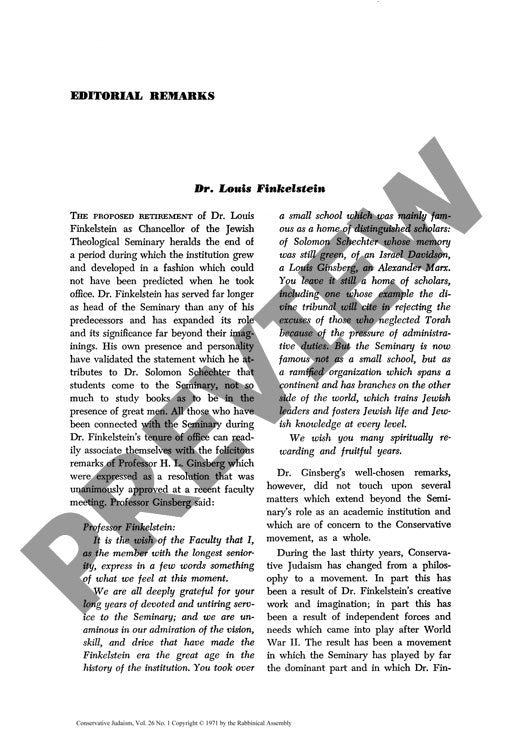 Editorial Remarks Dr Louis Finkelstein