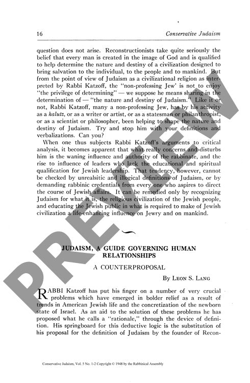 Judaism a Guide Governing Human a Counte