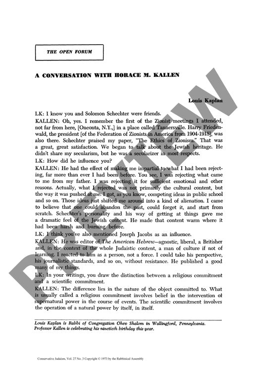 A Conversation with Horace M Kallen