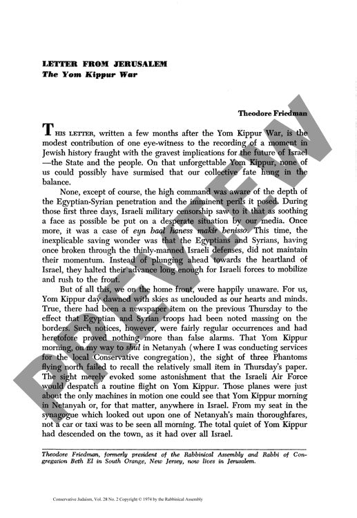 Letter from Jerusalem the Yom Kippur War