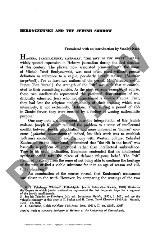 Berdyczewski and the Jewish Sorrow