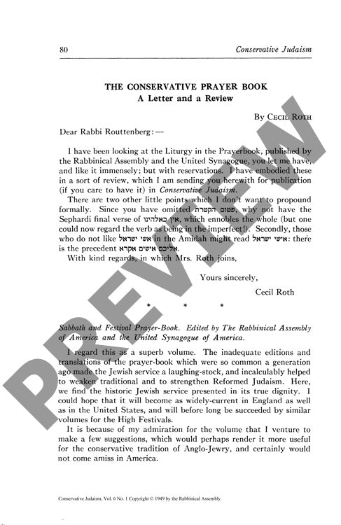 The Conservative Prayer Book a Letter An
