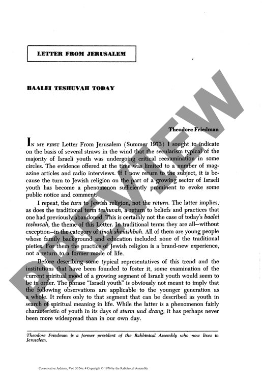 Baalei Teshuvah Today Letter from Jerusa