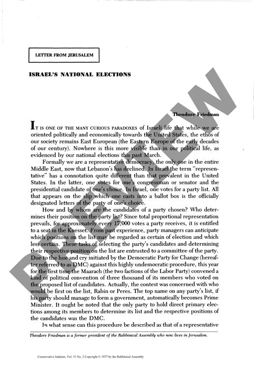 Israels National Elections Letter from J