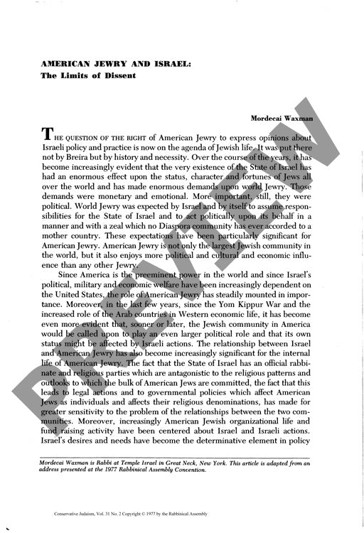 American Jewry and Israel the Limits Of