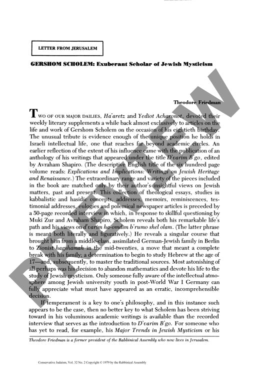 Gershom Scholem Exuberant Scholar of Jew