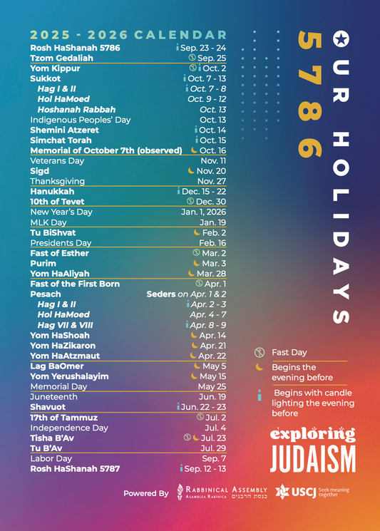 5786 Our Holidays Calendar by Exploring Judaism